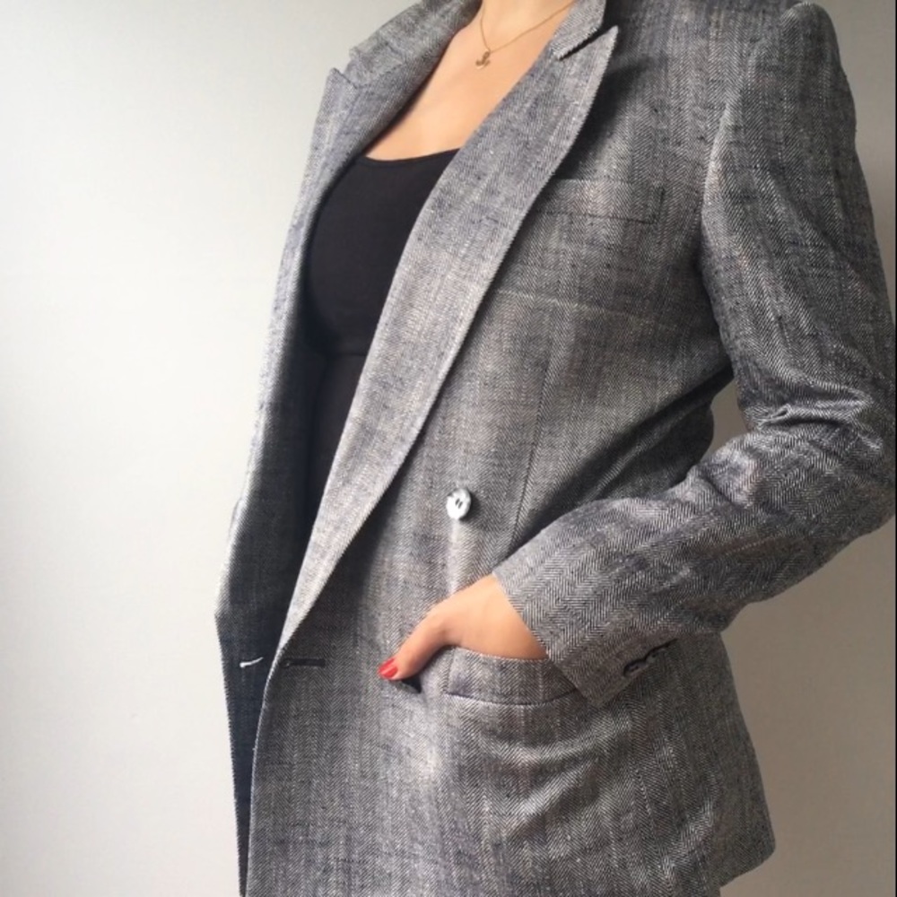 VTG Raw Silk Blazer Longline Herringbone Silver